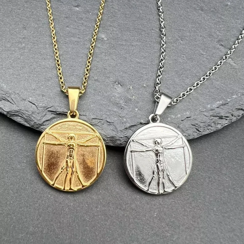 

Wholesale Fashion 18k Gold Plated Custom Pendant Compass Angel Stainless Steel Jewelry Da Vinci Vitruvian Man Pendant Necklace