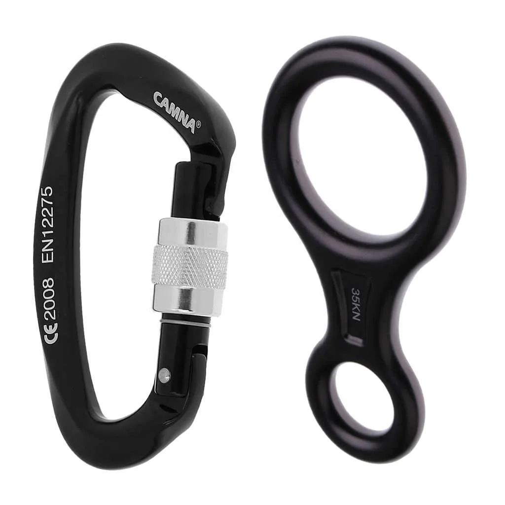 

2 in 1 25KN Rock Climbing Screw Lock Carabiner + 35KN Figure 8 Rappelling Rope Descender Black