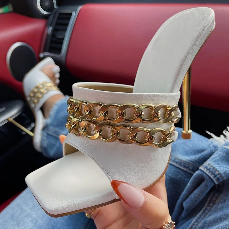 

2021 New Women's Shoes Fashion PU Outside Open Square Toed Sexy Thin Heels Metal Chain Decoratio Summer Sandals Slippers 35-42, Apricot white gold