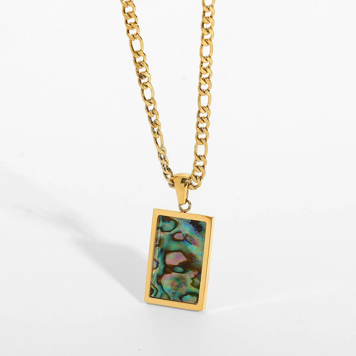 

Natural Rectangle Abalone Shell Pendant Necklace Gold Plated Stainless Steel Figaro Chain Willow Neckalce