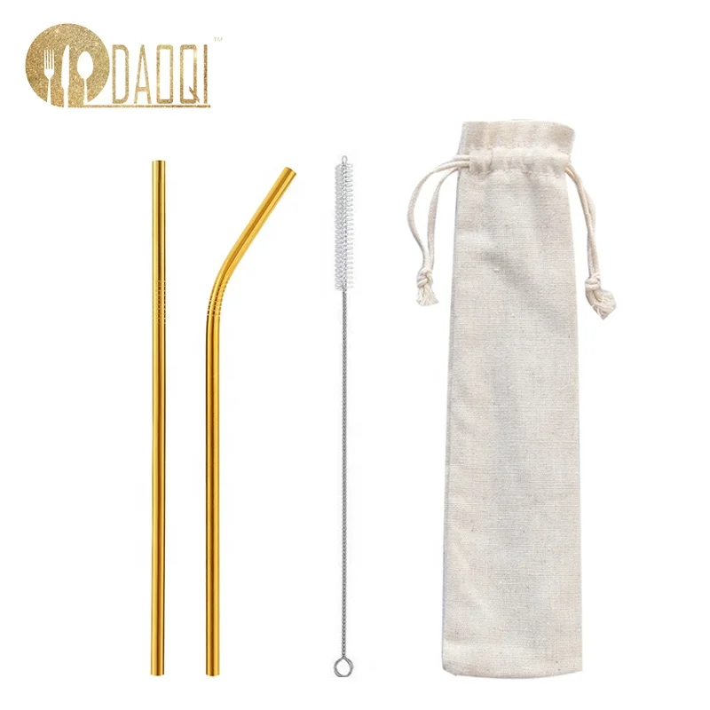 

Hot!!! ECO-friendly stainless steel 304 reusable metal rose gold straws rainbow drinking straws with brush and pouch