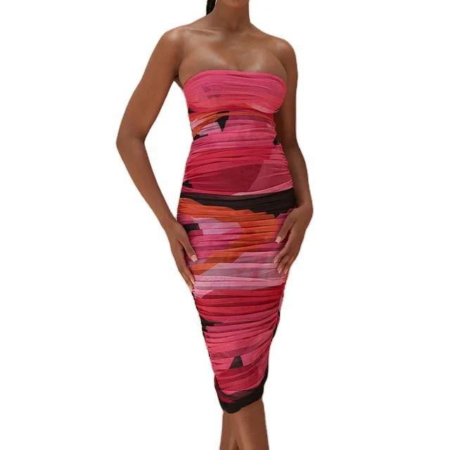 

2020 Multicoloured Strapless Ruched Midi Dress Sexy Ladies Mesh Summer Bodycon Dresses, As picture