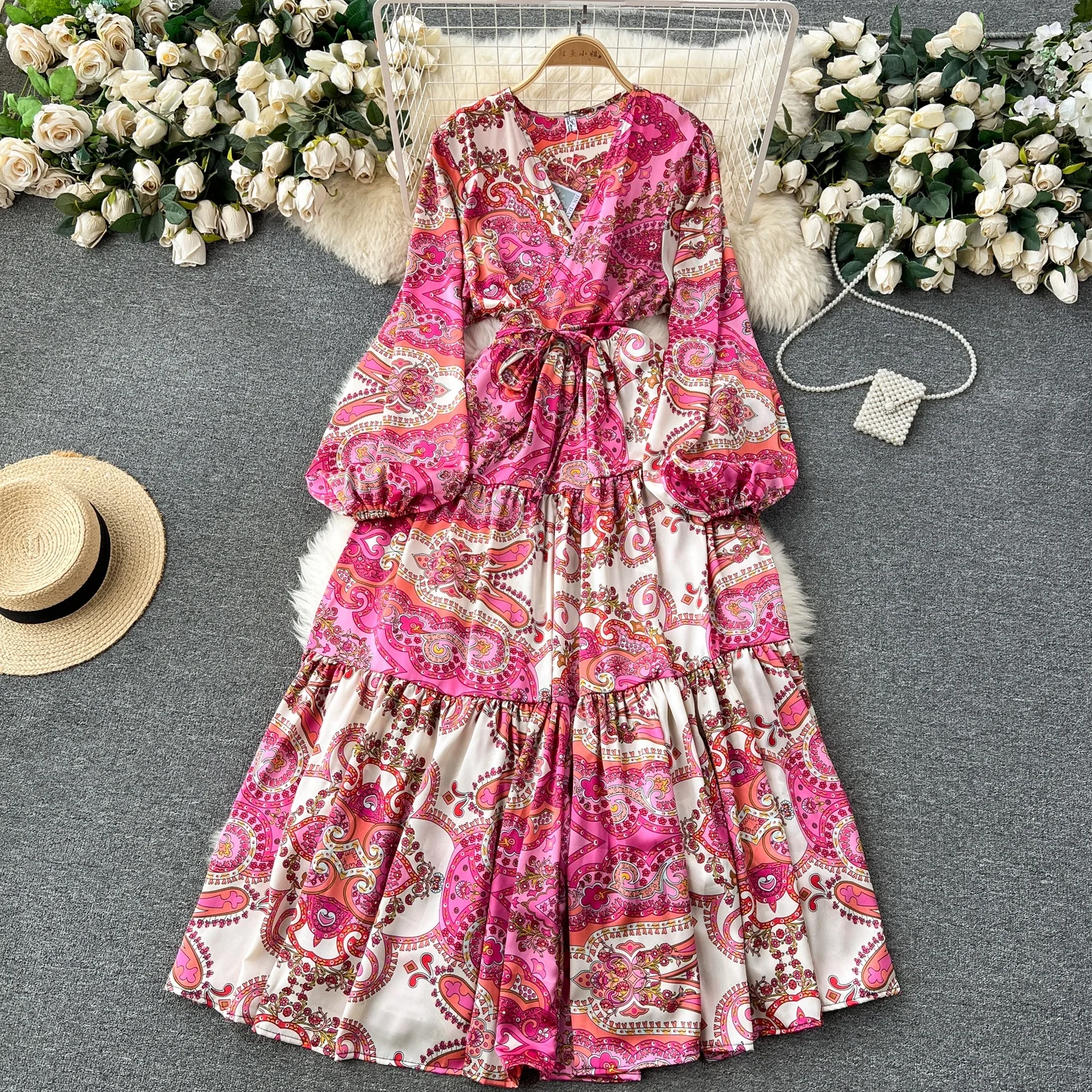 

women plus size dress 2023 new high-end temperament loose waist large swing long sleeved printed skirt