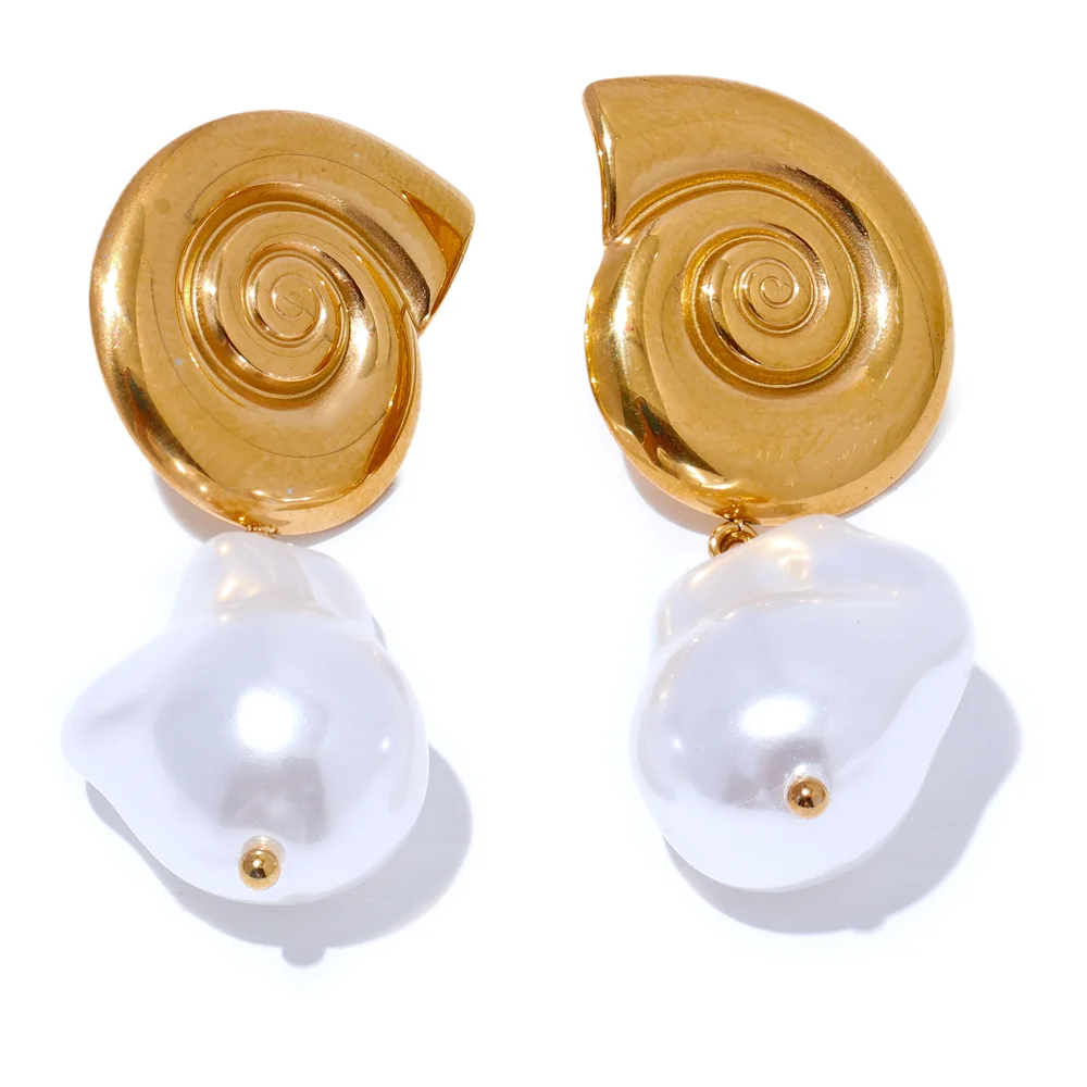

JINYOU 2599 Stainless Steel Shell Baroque Imitation Pearls Drop Dangle Earrings Golden Stylish Ear Jewelry Vacation Statement