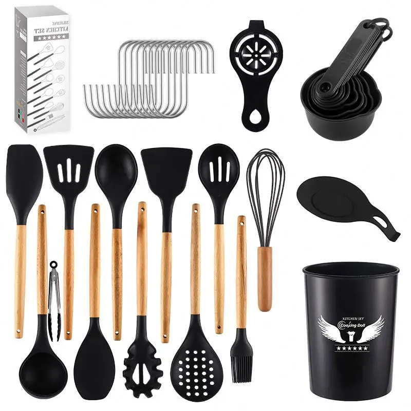 

Kitchen Accessories wood Wooden Handle non stick silicone utensils Kitchenware Silicone Utensils Set with ladle turner spatula