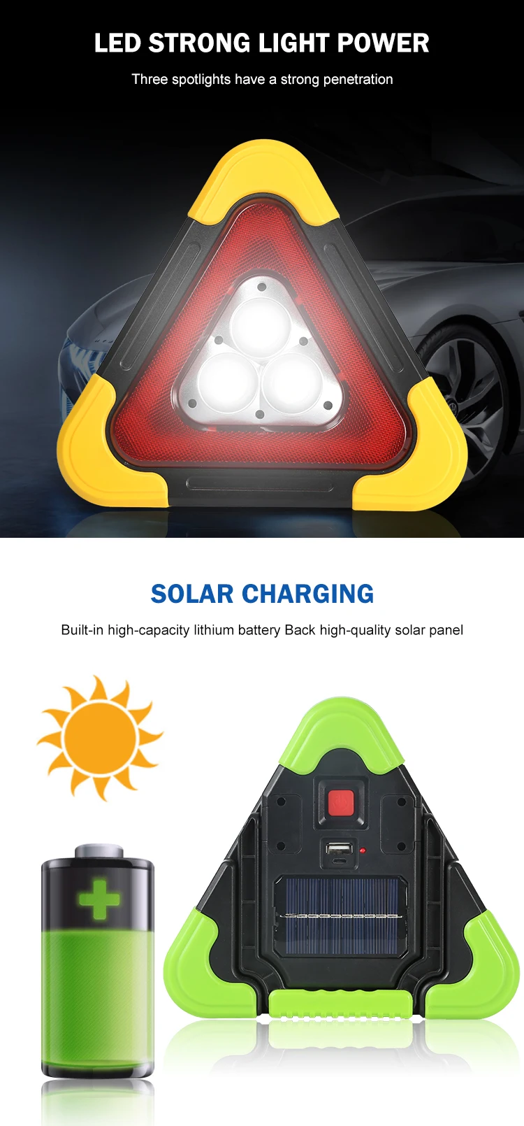 Warning triangle outdoor emergency portable rechargeable 10w 30w solar led warning light