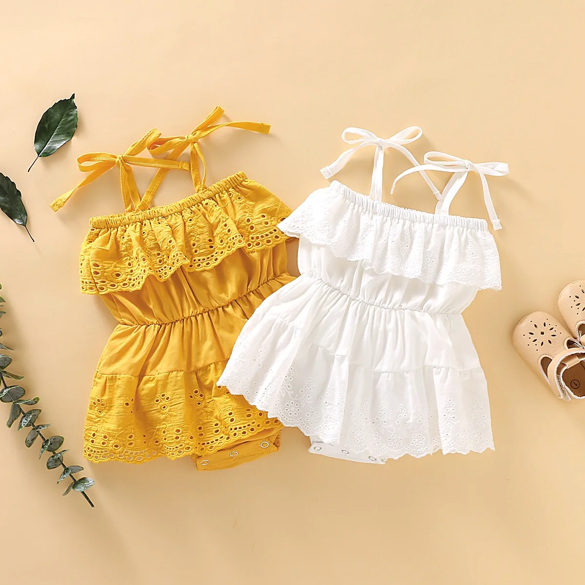 

Wholesale newborn Baby girls jumpsuit solid cotton ruffled sleeveless bow rompers for babies, Picture shows