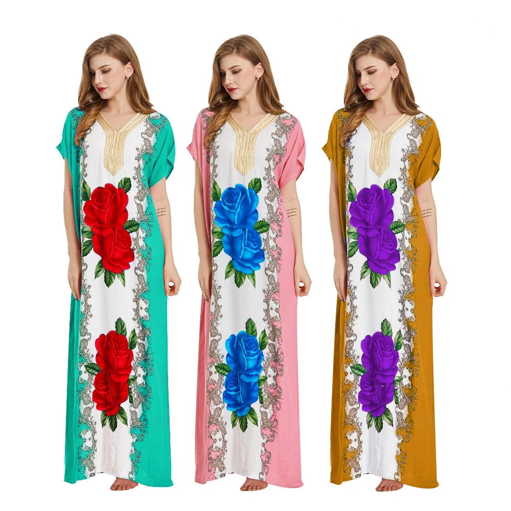 

Popular printed flower Golden neckline india long dress maxi Islamic Clothing, 3 color