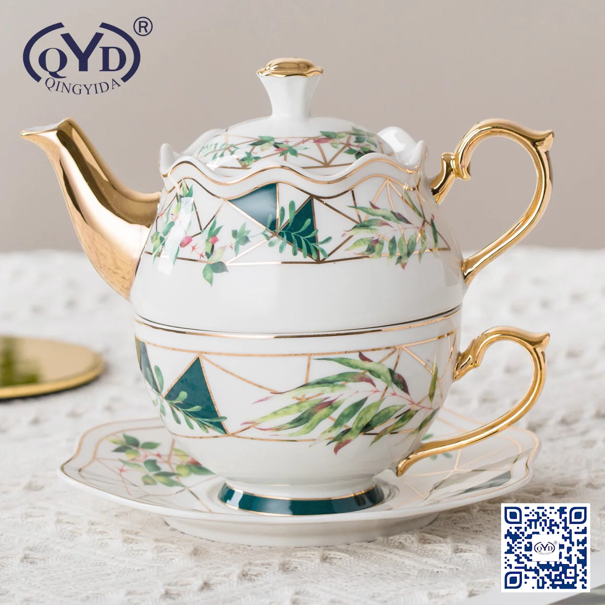 Qyd Simple Flower Blossom Green Design New Bone Tea Ware Gold Tea Pot