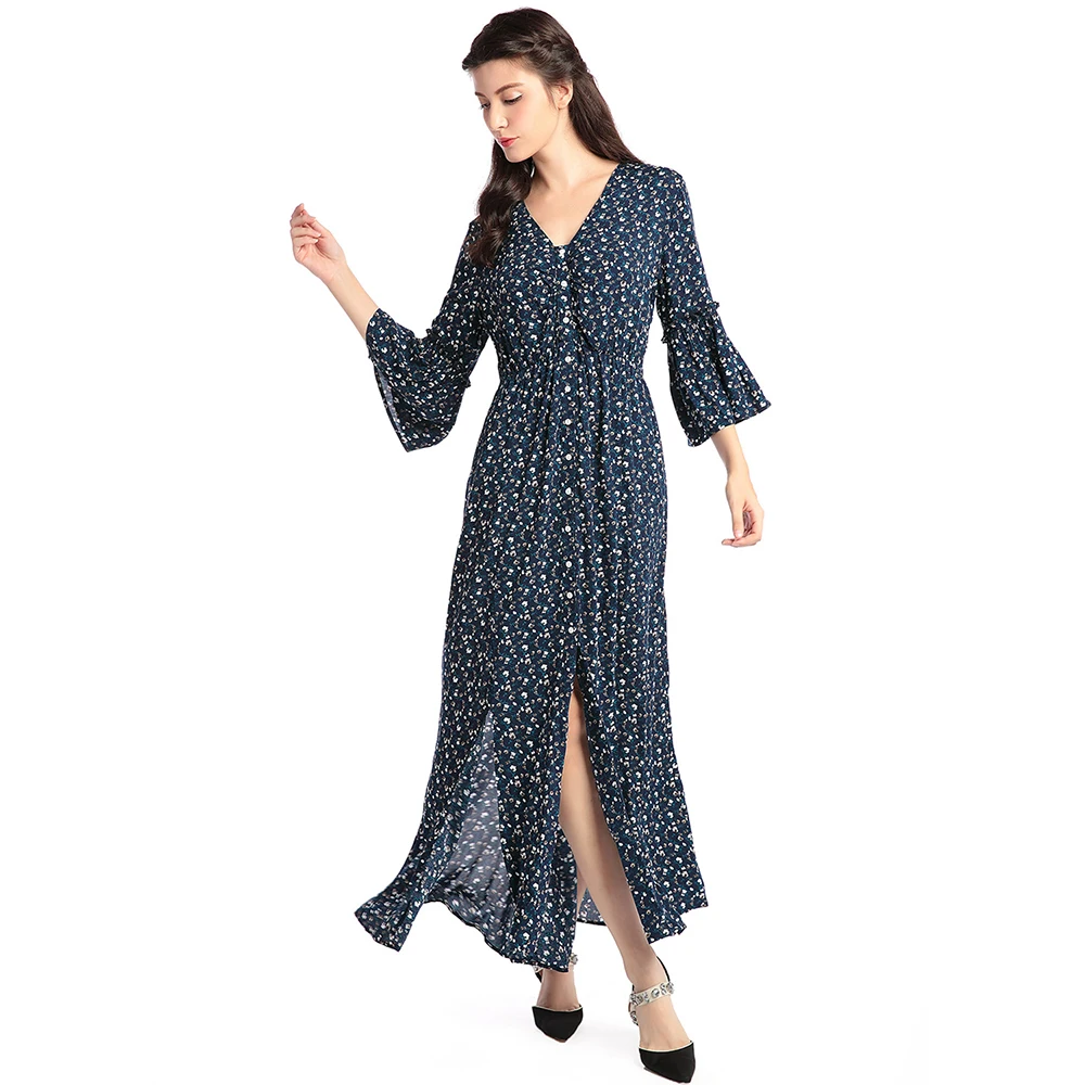 

Spring summer fashionable bohemian floral dresses a line skirts v-neck loose plus size casual wear dress for fat women ladies, Blue