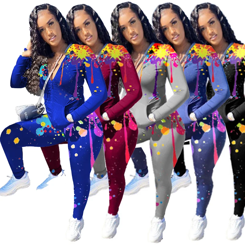 

S8640-2020 New Product Hot Sale Long Sleeve Inkjet Printed Pocket Loose Tie Dye Jogger Set 2 Piece Set, 5 colors