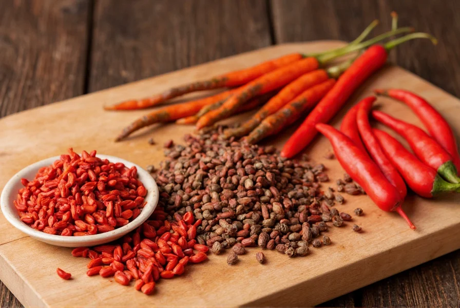 Traditional Chinese cooking ingredients including dried chilies, Sichuan peppercorns, and fresh red peppers arranged on a wooden cutting board