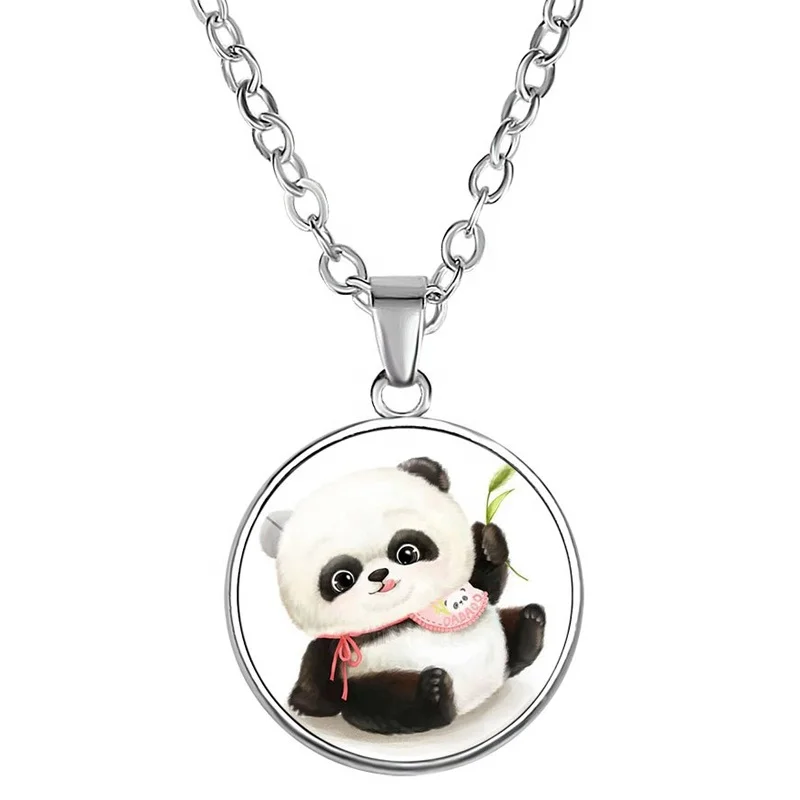 

Cute panda bamboo time gemstone glass cabochon silver chain pendant necklace, As picture