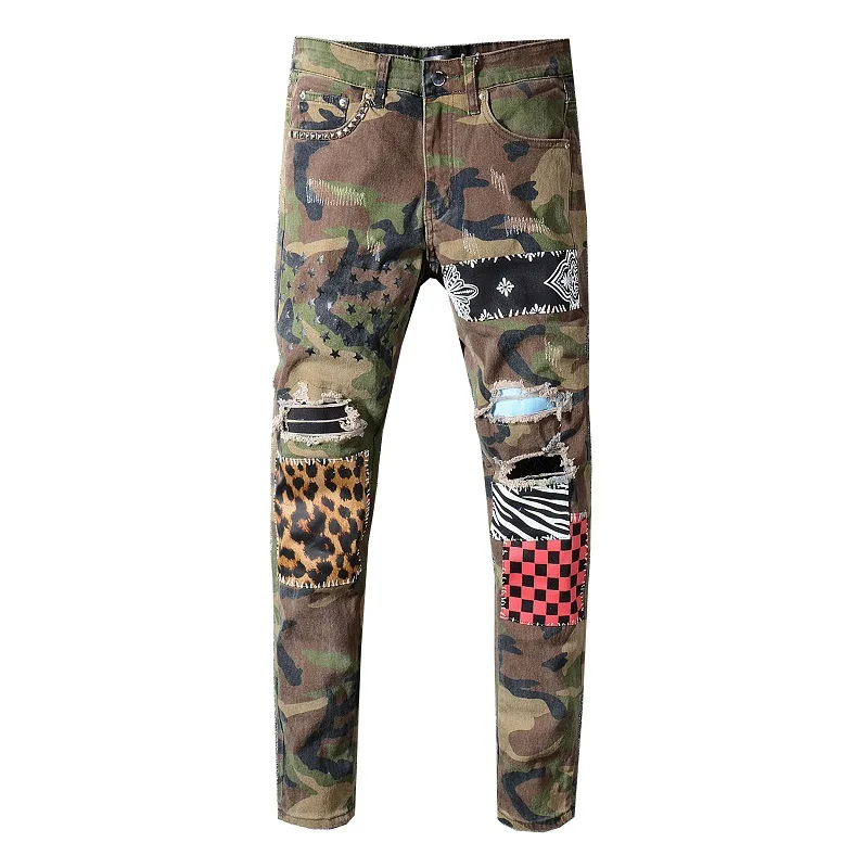 

XinlangNew High Street Camouflage Army Green Men Denim pants Elastic patch Pants Amiry Men's jeans male Splicing skinny Hole jea