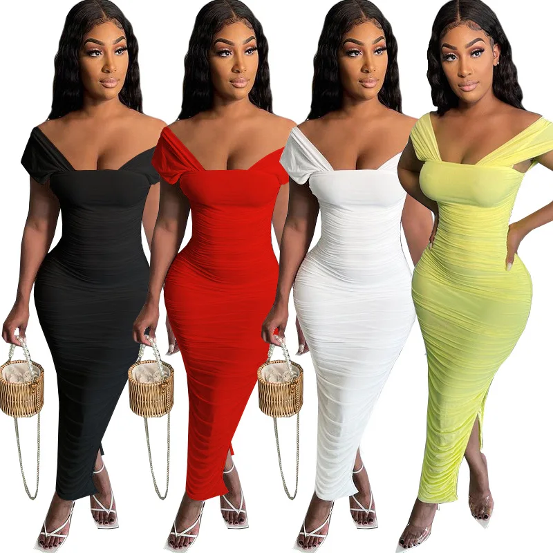 

2021 new arrivals elegant dress sexy ruched midi dress with slits for women and ladies club party wear, As picture