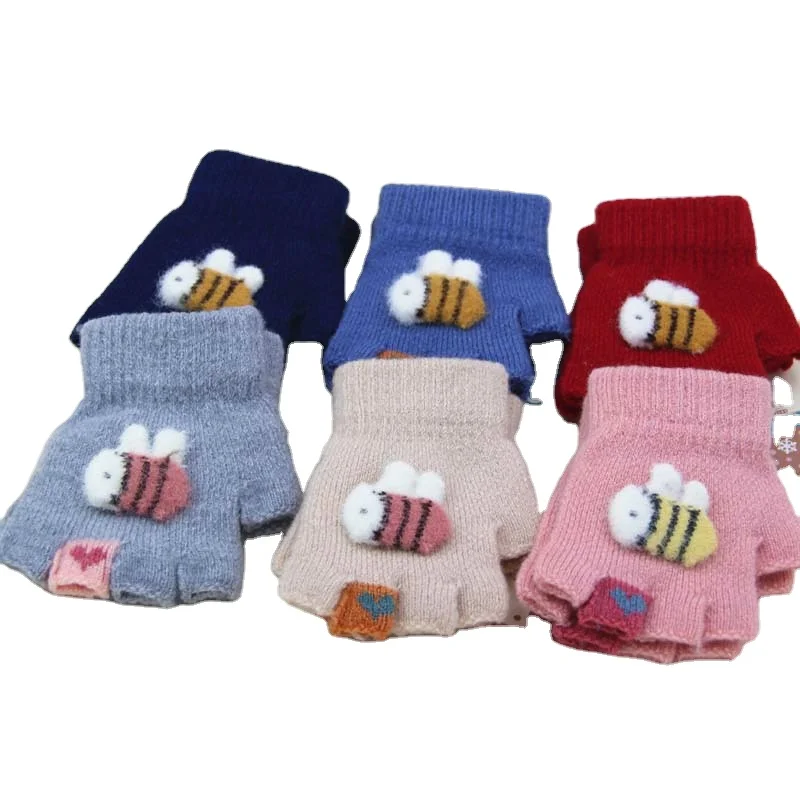

Children's Cute Plush Cartoon Warm Thickening Primary School Girls' Wool Knitting Flip Mittens Winter