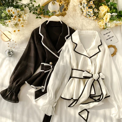 

French vintage women long puff sleeve chiffon blouse