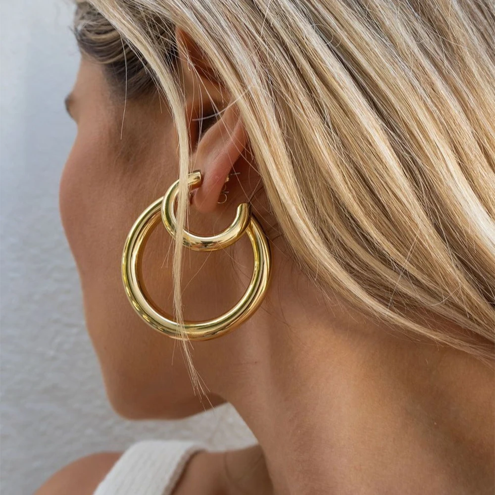 

e-Manco Stainless Steel 18K Gold Plated Round Geometric Big Hoop Earring Trendy C Type Ear Needle Earrings Jewelry