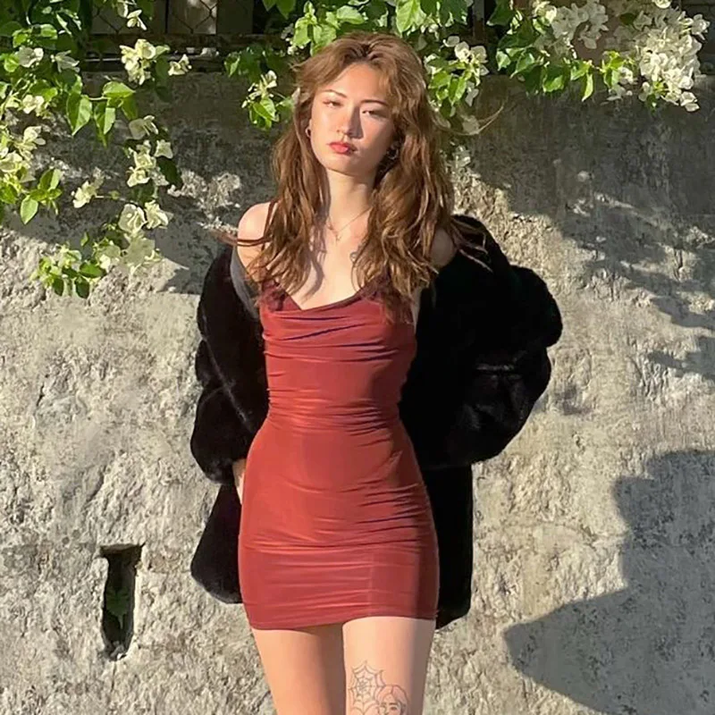 

2021 Summer Women Solid Color Strap Mini Bodycon Sexy Streetwear Party Club Elegant Slim Clothes Casual Dress, Picture color