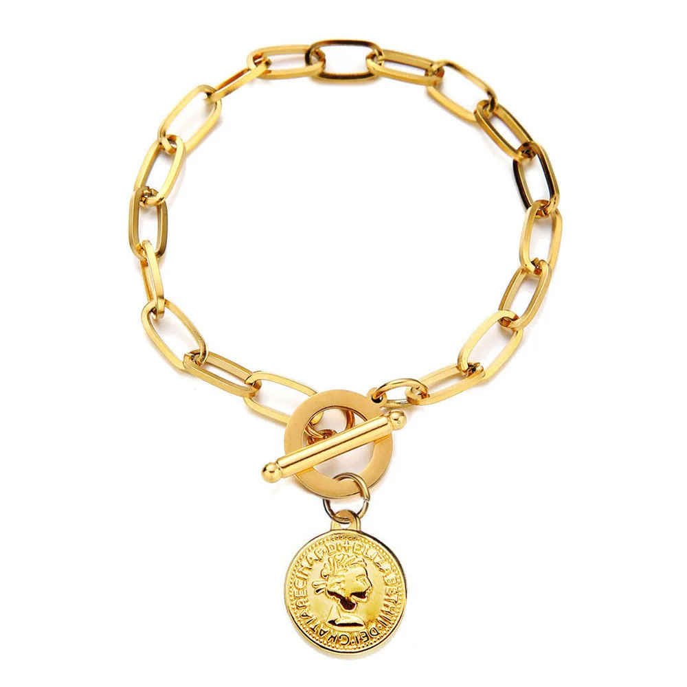 

2021 Newest Arrival 18K Real Gold Plating Stainless Steel OT Clasp Lock Link Chain Bracelet Queen Head Pendent Bracelet