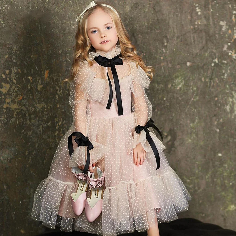 

Polka-dot Tulle Flower Girl Dresses Illusion Long Sleeves Girl Wedding Party Dress Ribbons Communion Dress Birthday, As picture