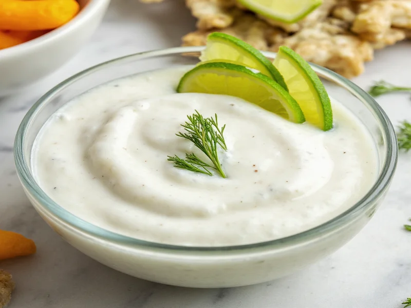 Creamy homemade tartar sauce in glass bowl with dill garnish