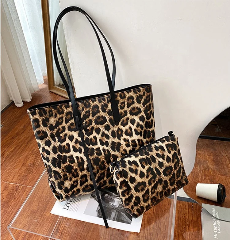 

wholesale large leopard lady hand bags women handbags ladies shoulder purse sets leather tote bag with custom printed logo, 2 colors