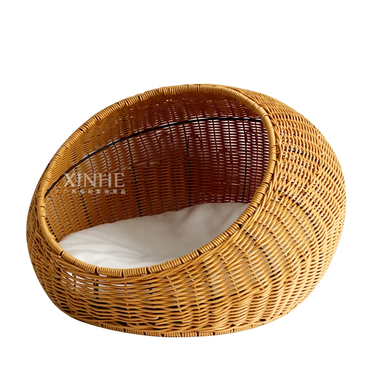 

Summer cooling breathable oval PP rattan handwoven dog cat beds house net pet furniture, Natural/brown/yellow