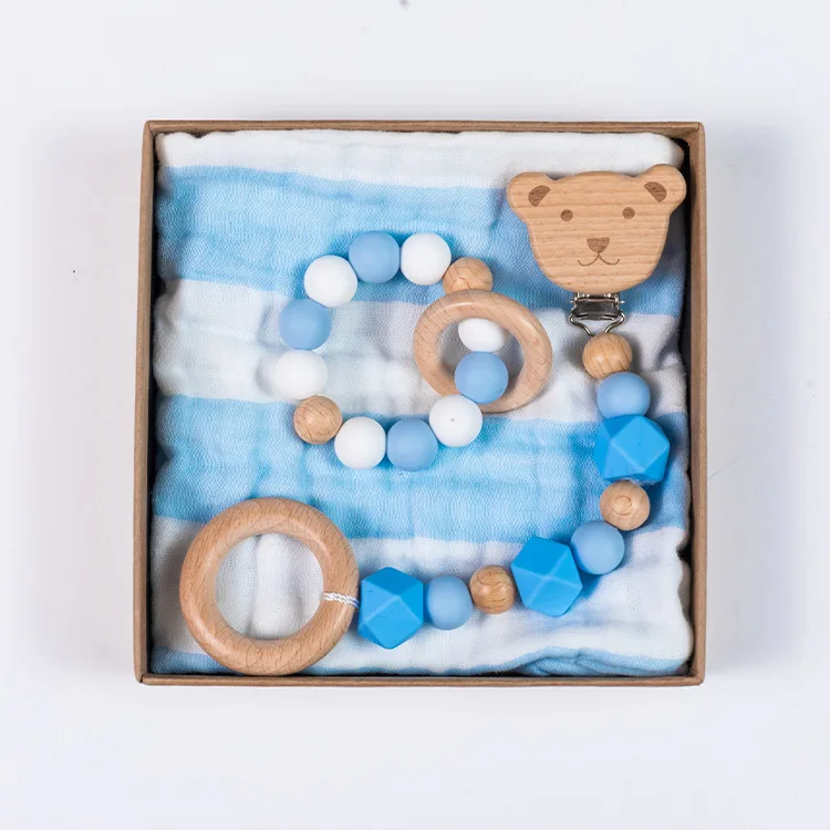 

Wholesale Natural Beech Wood Silicone Beads Baby Teething Pacifier Clip Bracelet Gift Box Set