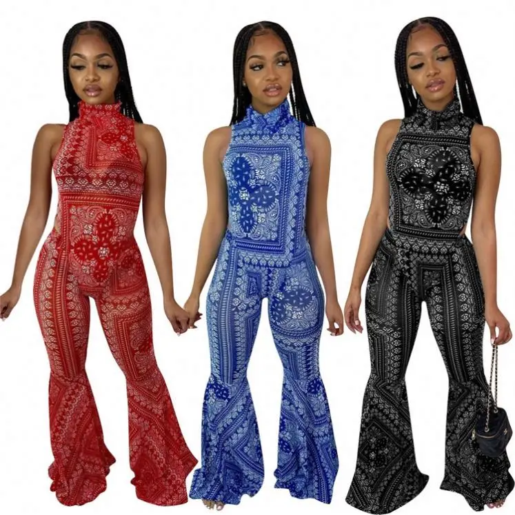 

MISSMOEN New Arrival High Neck Sleeveless 2021 Flared Pants Bodycon Women Fashion Clothing Woman 2 Piece