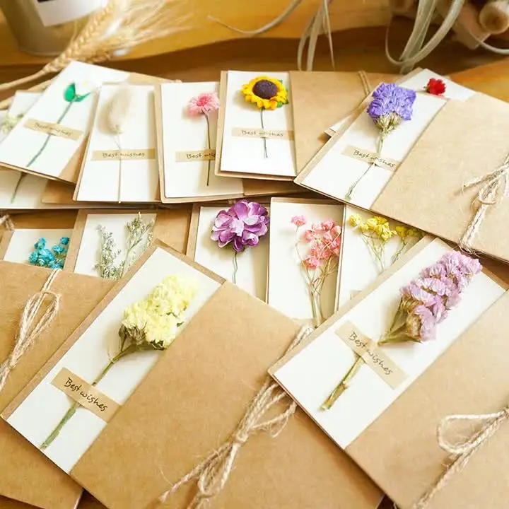 Kraft paper dried flowers greeting card thank you card vintage insert Thanksgiving Christmas New Year's Valentine's  card