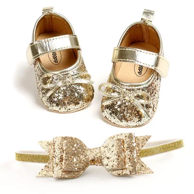

Sequins Baby Shoes Leather Toddler Baby Girl First Walkers Sets Headband Bow-knot Soft Sole Hook & Loop Bling Shoes for Girls, As picture show