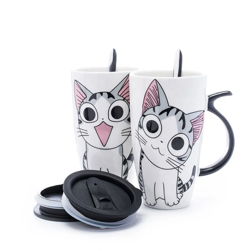 

600ml Cute Cat Ceramics Coffee Mug With Lid Large Capacity Animal Mugs creative Drinkware Coffee Tea Cups Novelty Gifts Milk Cup, 4 color , you can choose color you like