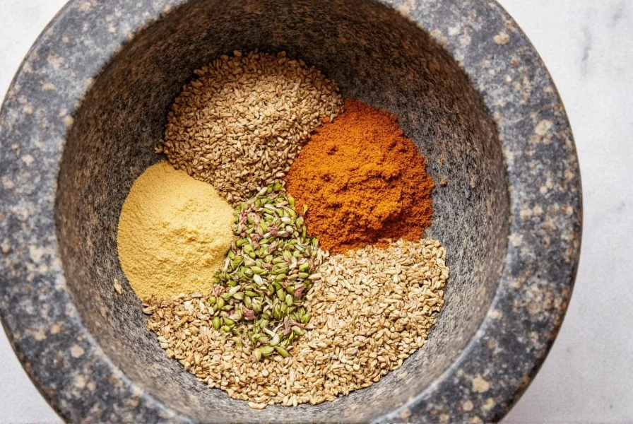 Homemade spice blend with cumin, caraway, and fennel seeds in mortar and pestle