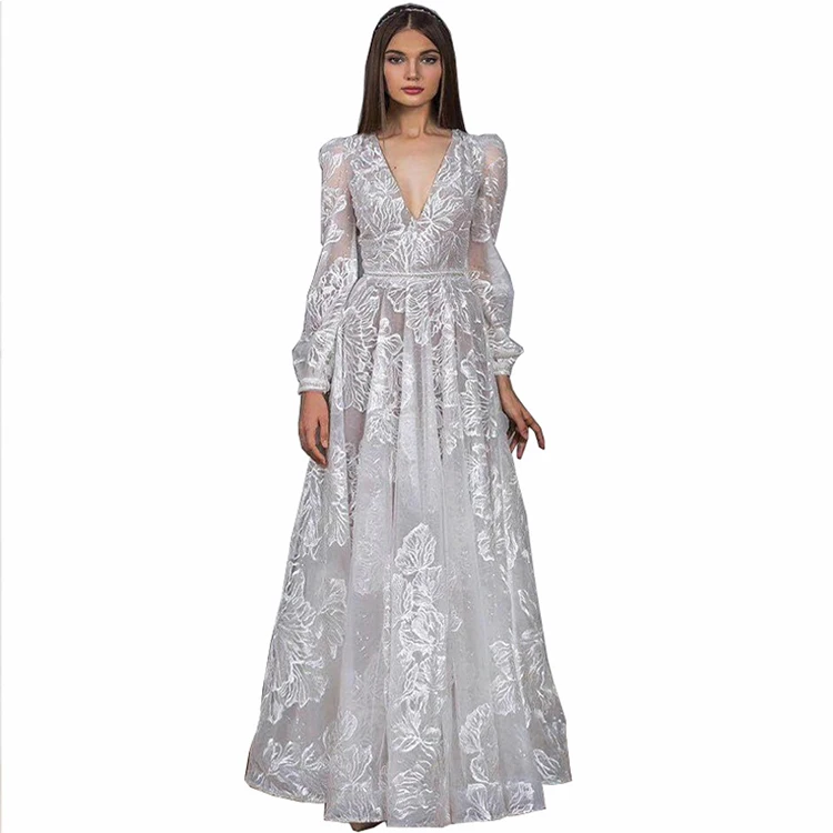 

Floral Embroidery Lace Prom Dress Elegant Maxi Bridal Gowns Sexy Ladies White Wedding Dress
