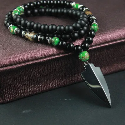 

2021 Hot Sale Black Matte Stone Beads Green Glass Beads Necklace Energy Stone Magnetic Big Arrow Pendant Hematite Men Necklaces