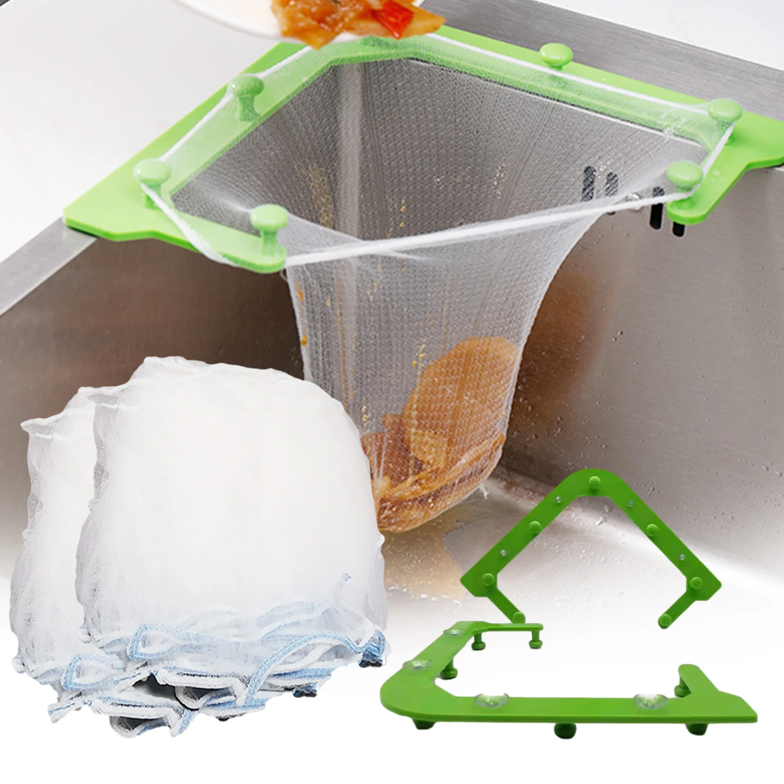 

Kitchen Sink Leftovers Filter Hanging Net Anti-clogging Sink Drain Hole Trash Strainer Mesh Garbage Bag Triangle Drainage Rack, Green