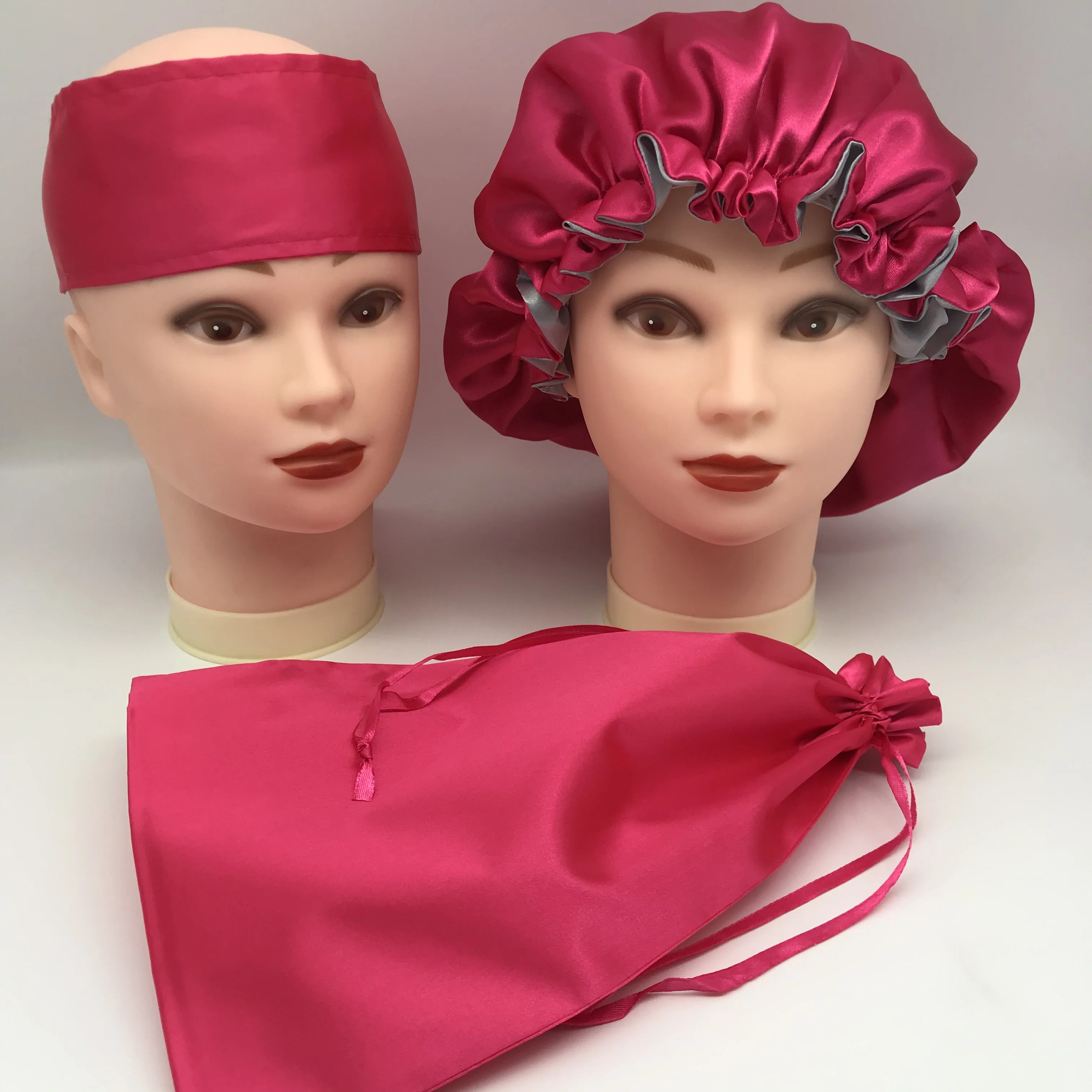 

wholesale 20 Pcs no logo women sleep cap silk edge wrap double layer bonnet and satin hair bag set