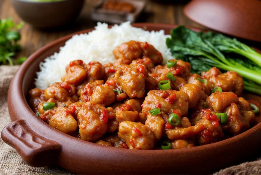 Salty pepper chicken served with steamed rice and bok choy in traditional Chinese ceramic dishes