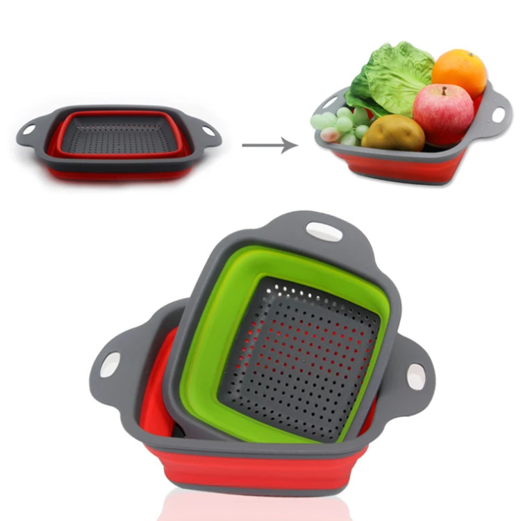 

Hot Selling Square Filter Basket Kitchen Silicone Filter Water Draining Basket Folding Colander Strainer, Any pantone color