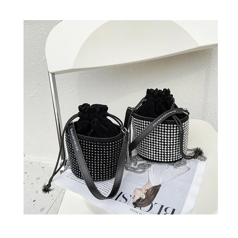 

Rhinestone Crossbody Bucket Bag Luxury Brand Designer European Female Shoulder Handbag Velvet Drawstring Messenger Bag Sac Main