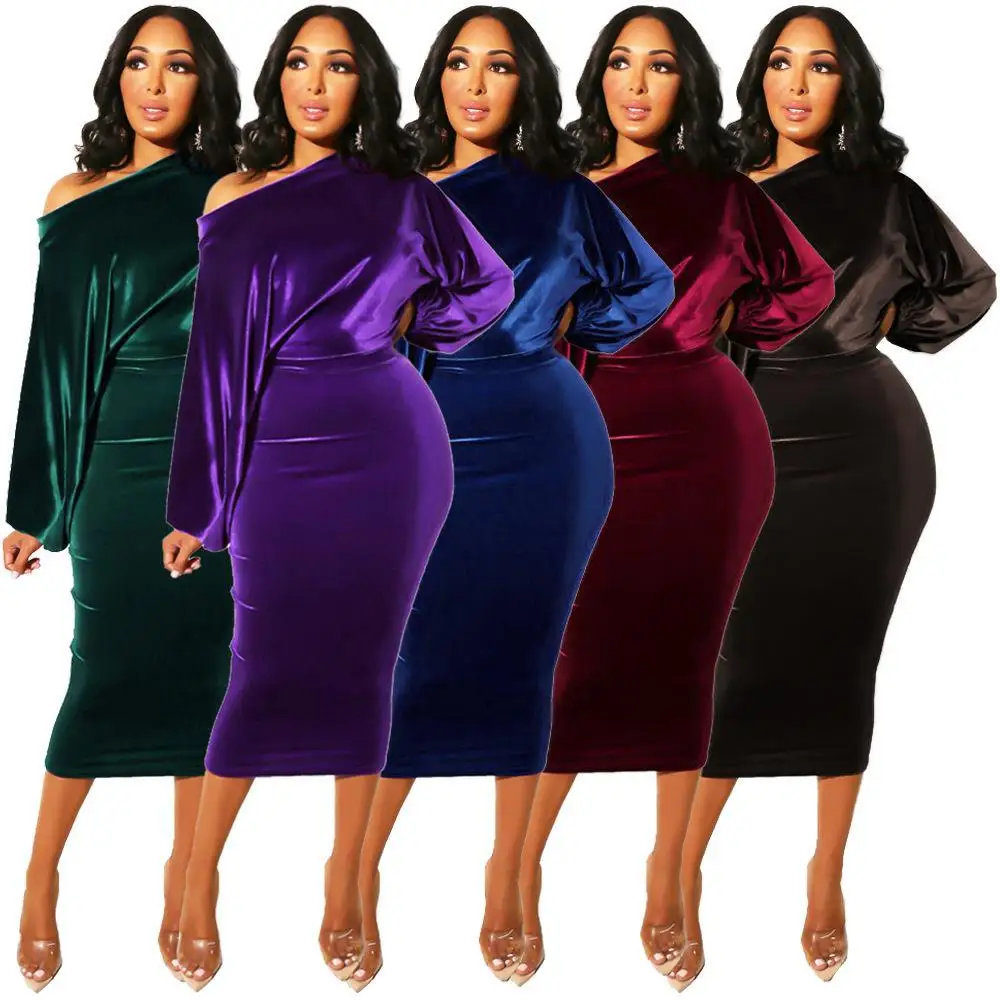 

wholesale off shoulder long sleeve solid color velvet frock bodycon club dress ladies sexy