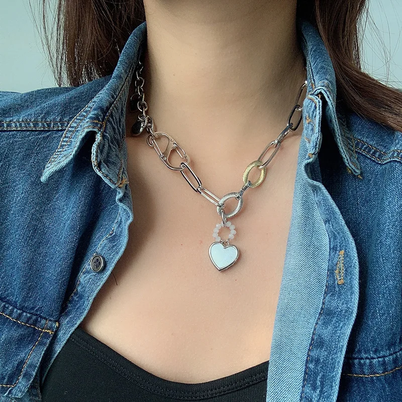 

DanYuan European personalized thick chain love heart shaped necklace unisex handmade street bungee fashion style necklace female, Picture
