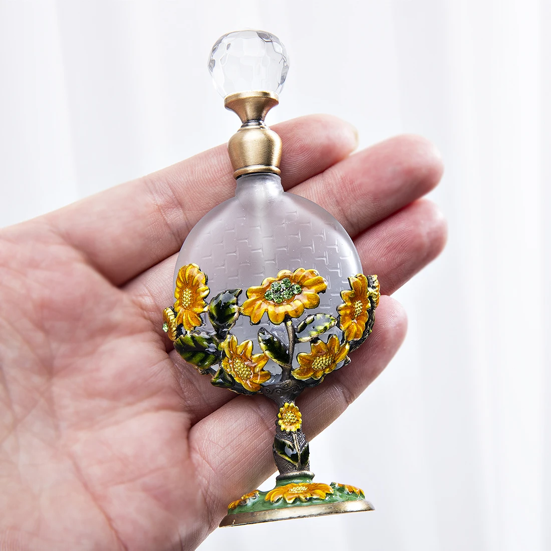 H&d Clear Vintage Sunflower Perfume Bottle Jeweled Crystal Empty