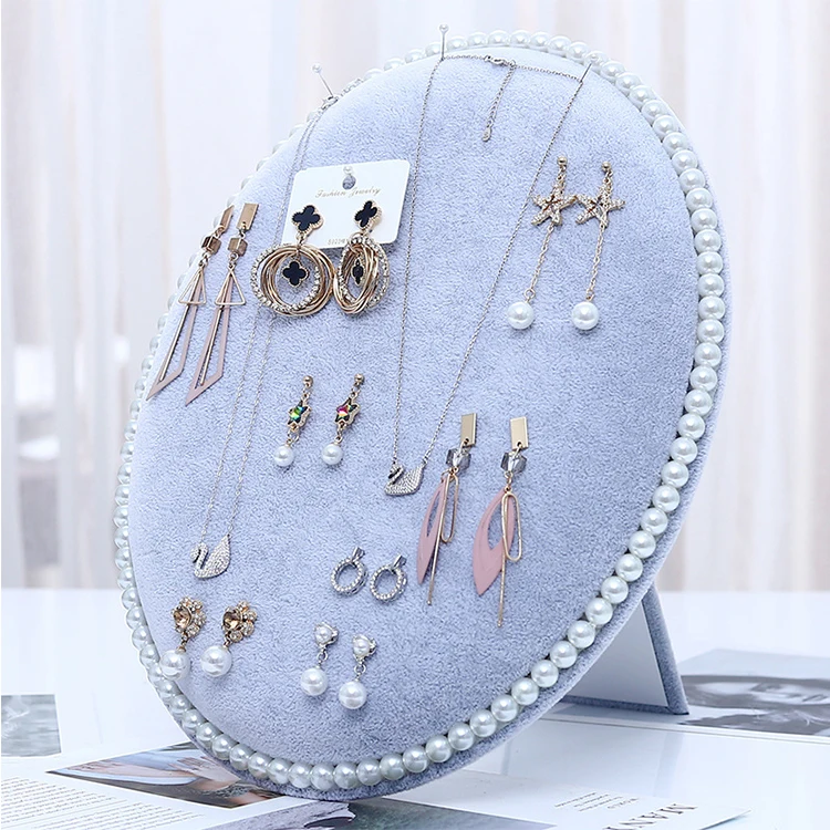 

SHI SHENG Pearl Velvet Oval Display Frame Jewelry Display Props Board for Home Bedroom Earrings Display Jewelry Organizer, Beige/green/dark gray