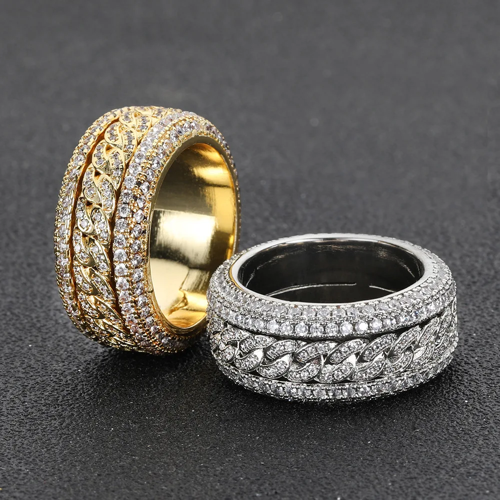 

Factory Price 18K Gold Plated Mens Moissanite Simulants Bling Iced Out 3A Zircon Cuban Miami Link Rings