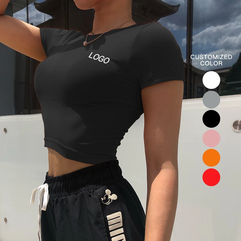 

6 Colors Fitness Custom Logo Apparel Yoga Wear Seamless Sports Workout Crop Top Women Gym Shirt, Existing 6 colors, or customized colors