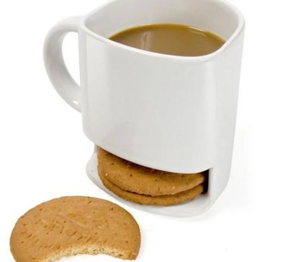 

P647 Creative Coffee Biscuit Cups Milk Tea Cup Bottom Storage Cookies Dessert Cup Pocket Ceramic Mugs, White color