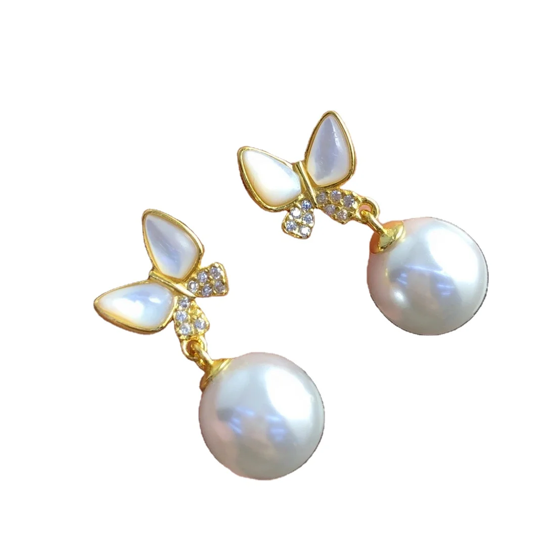 E1917 8-9mm DIY Natural Freshwater Pearl Charm Earrings Mounting Accessory 925 Sterling Silver Gold Plated  Jewelry for Women