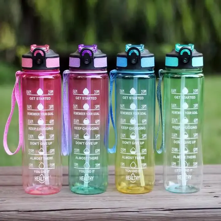 Large Capacity Colorful Gradient Sport Water Bottle with Flip-Top Lid Handle Transparent Plastic Fitness Equipment for Camping